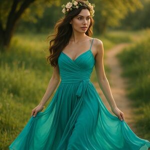 LAURA ASHLEY ~ 100% Silk Elegant Teal Strap Midi Dress